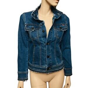 Atelier Notify Womens ButtonFront Fringe Trim Jean Jacket Blue Denim Size Small